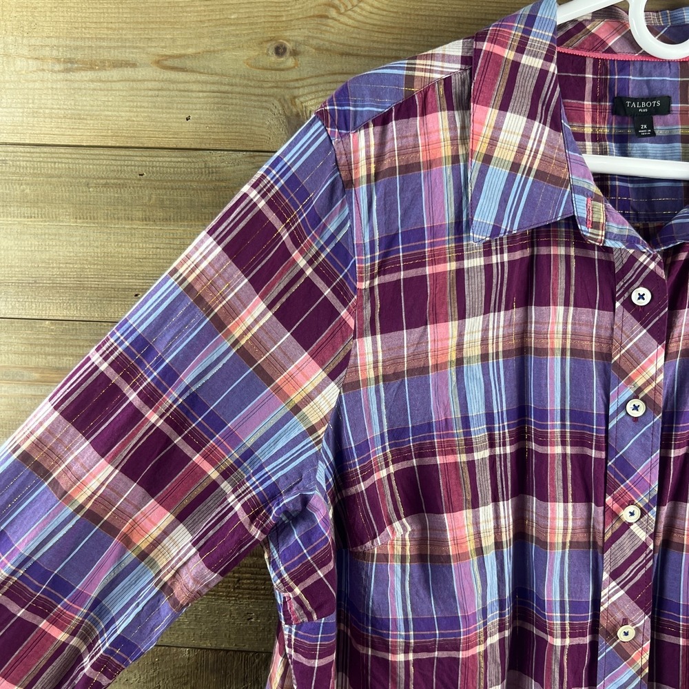 Talbots Womens Shirt Long Sleeve Button Up Plaid Metallic Lightweight Cotton 2X - Picture 4 of 8
